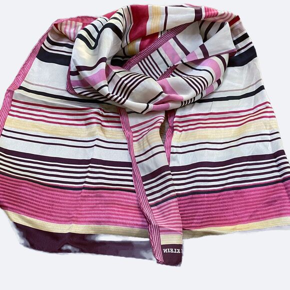 Vintage ANNE KLEIN 100% Silk Scarf Pinks Cream Nude Stripe Rectangle Elegant Y2K - Picture 2 of 9